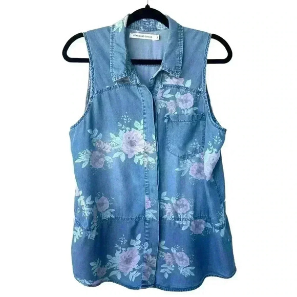 STANDARD GRACE Western Cowgirl Floral Sleeveless Button Down Blouse Size Medium - Picture 1 of 6